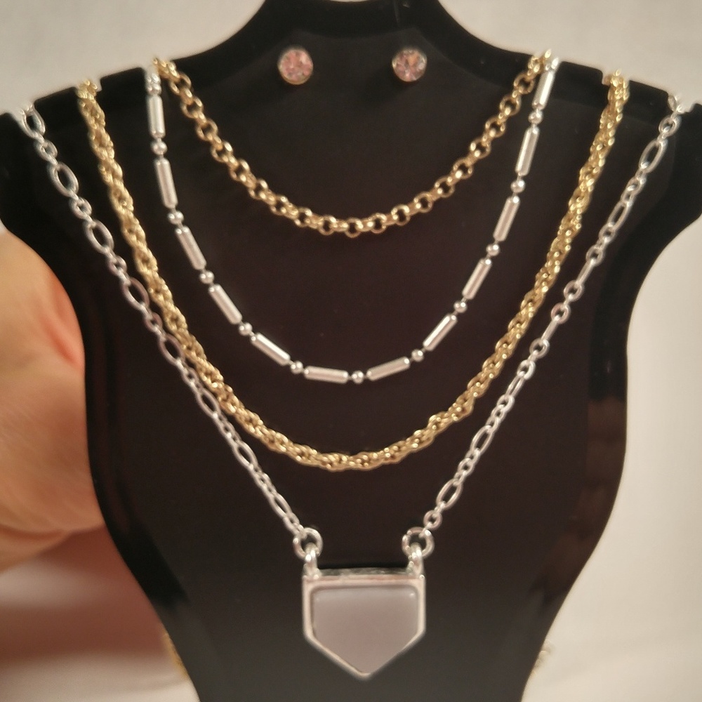 Necklace earring set silver gold 4-row grey stone